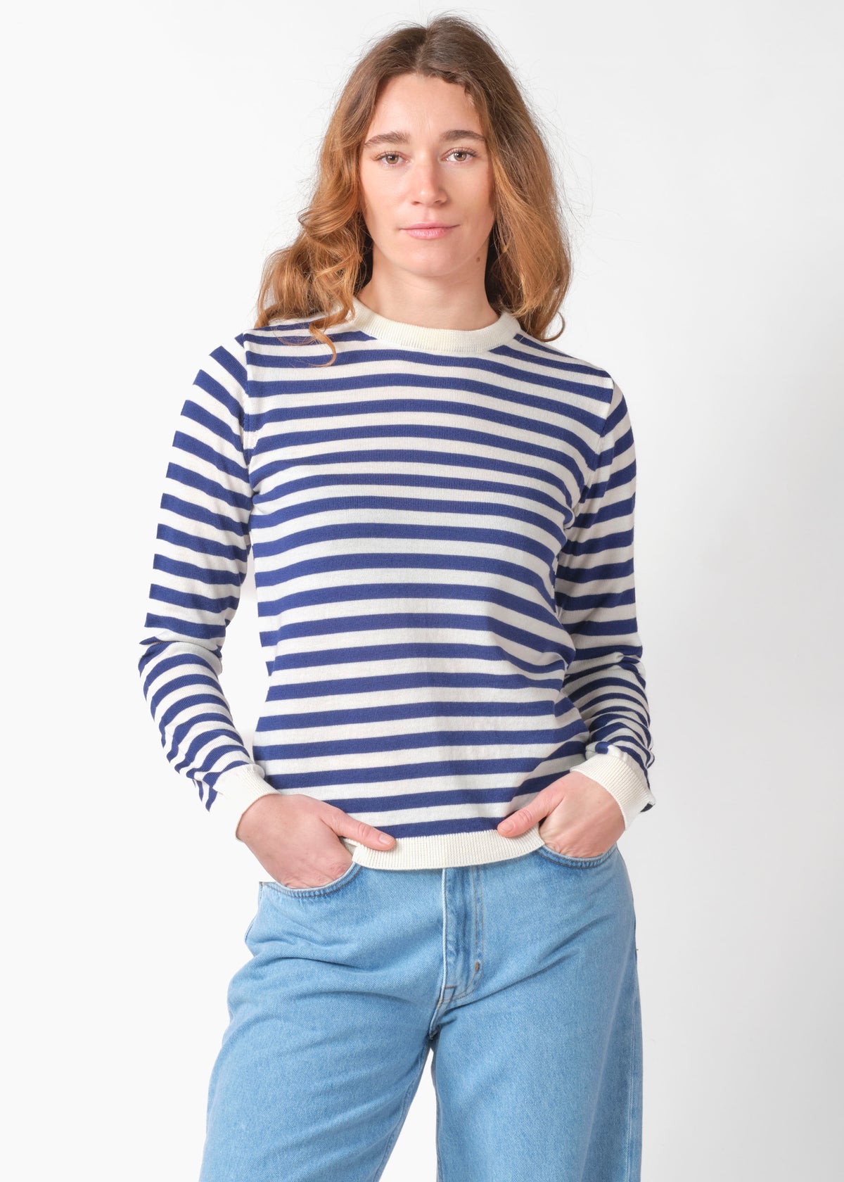 Klitmøller Collective ApS Womens basic stripe merino knit Knitted sweaters Cream/surf blue
